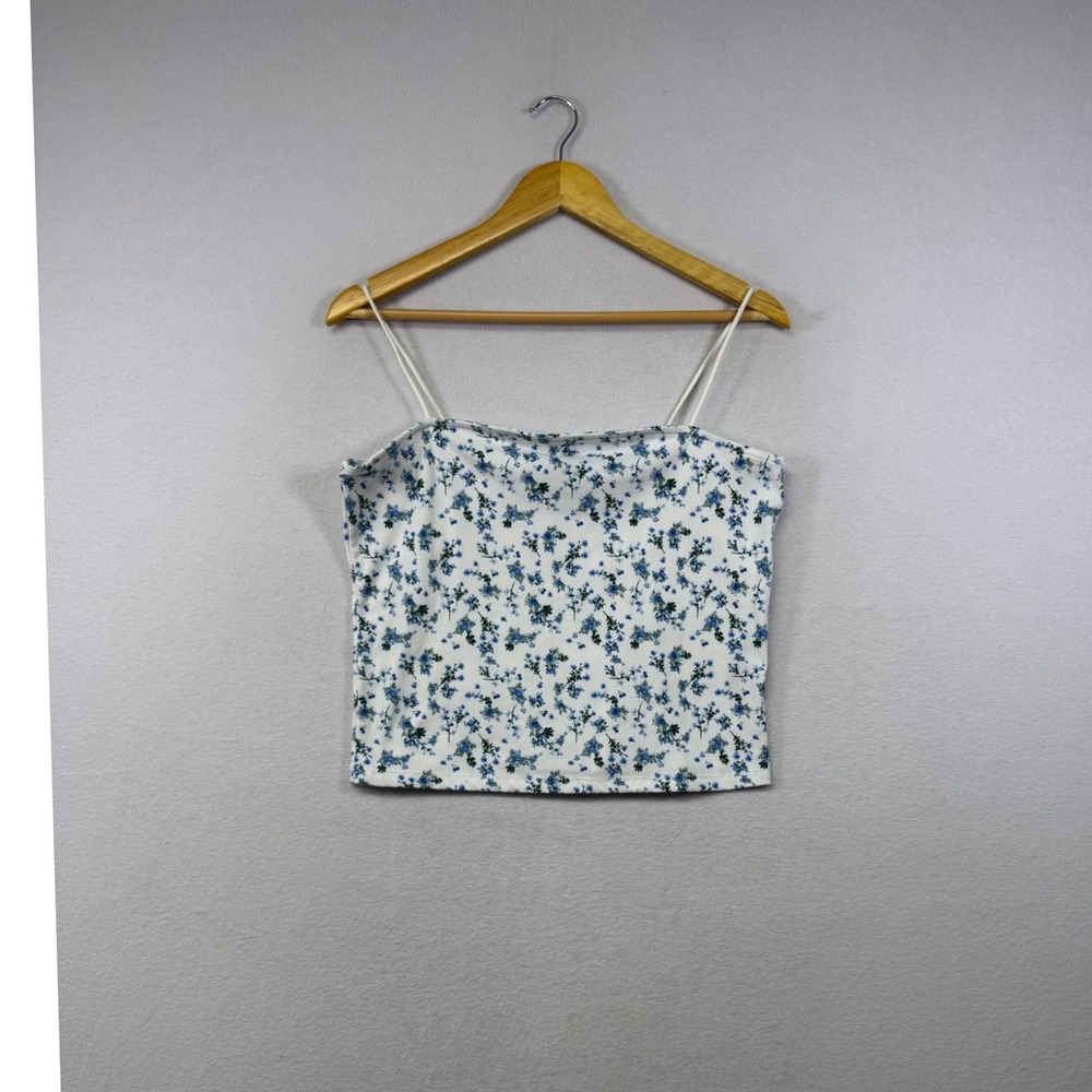 Faded Rose Cami Top Womens XL White Blue Floral Ribbed Spaghetti Strap Y2K